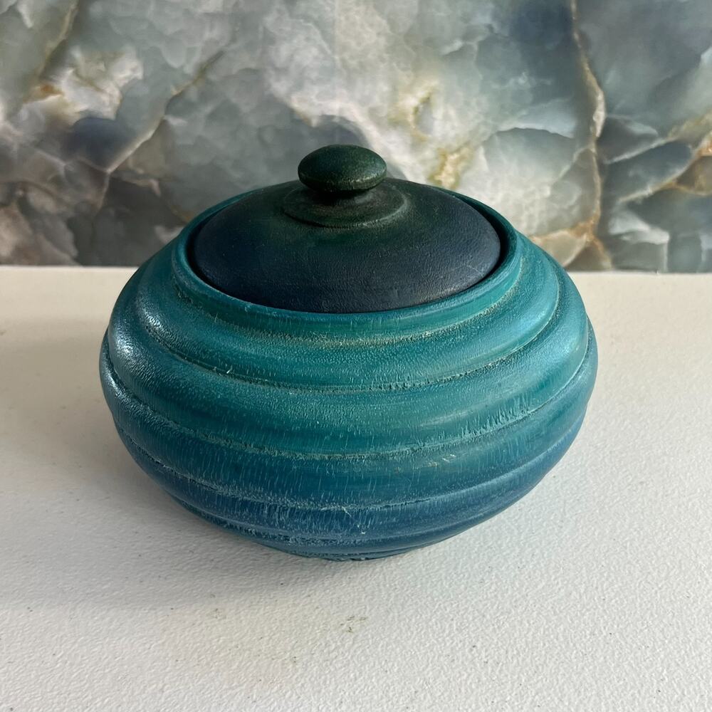 Vintage Lathe Turned Wooden Trinket Box with Lid Ombre Blue Teal